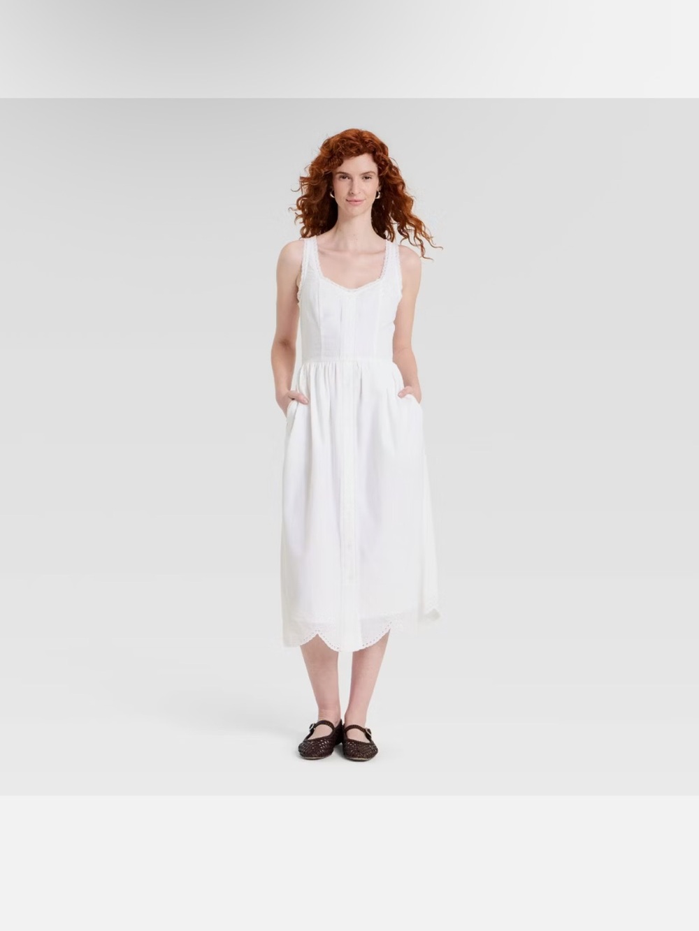 Universal Thread White Sleeveless Midi Dress with Scalloped Hem